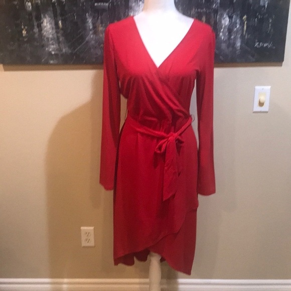 Signature Collection Dresses & Skirts - SIGNATURE COLLECTION Faux Wrap Dress Midi Red Jersey Knit Fit and Flare Dress-M